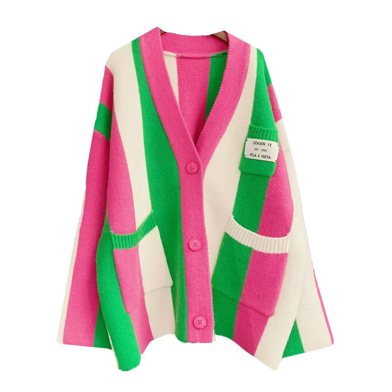 

Women Long Sweater Coat Vneck Oversized Cardigans Patchwork Sweater Casual Striped Chic Street Knit Poncho Korean Tops