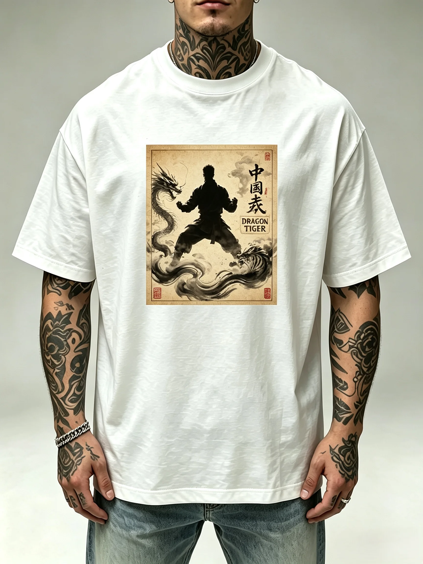 Unisex Dragon Tiger Chinese Kung Fu Ink Painting Warrior T Shirt Men Women Oriental Dragon Tiger Silhouette Vintage Paper Graphic Oversized Short Sleeve Tops