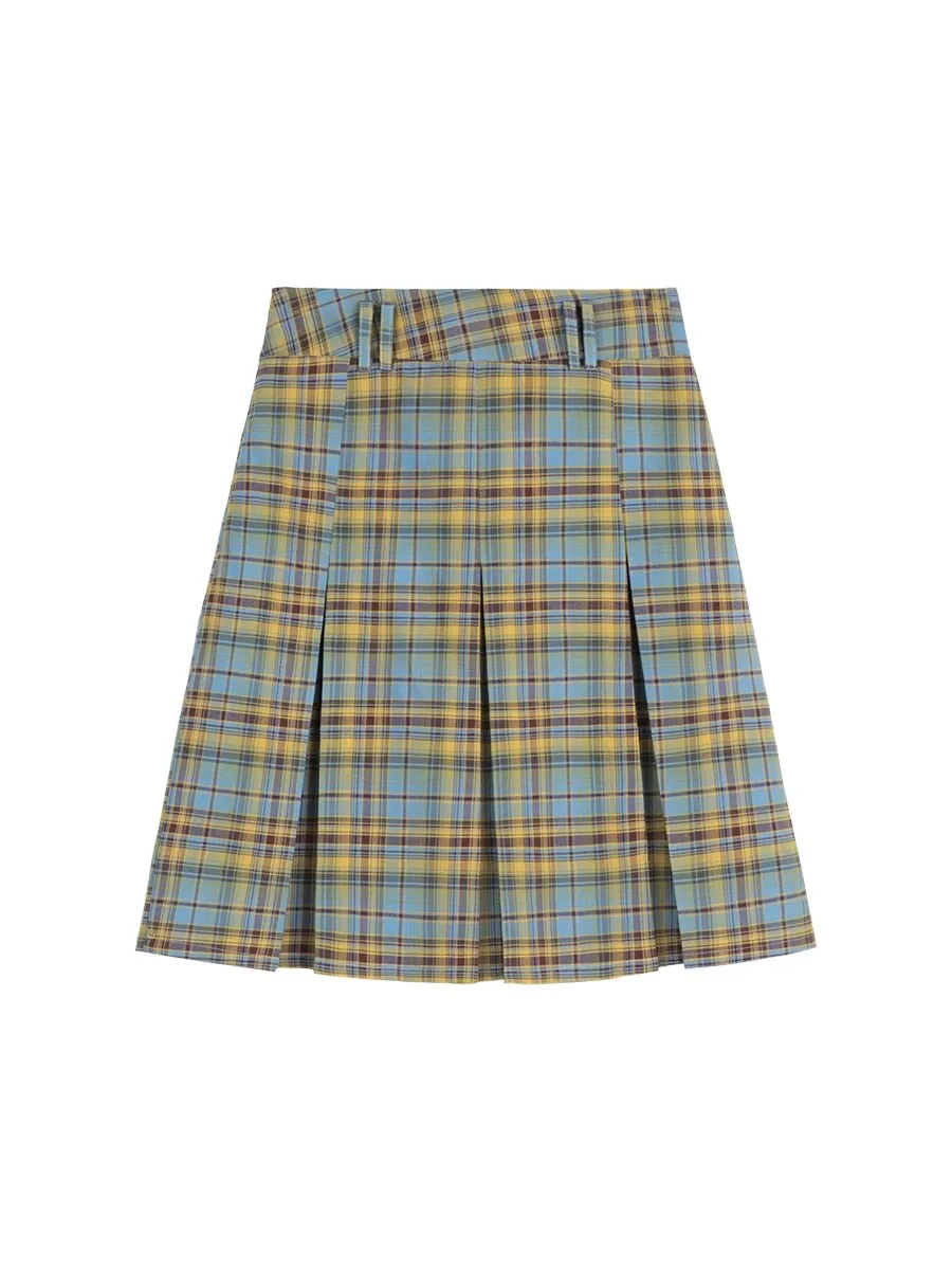 Original High Waist A-Line Skirt Women's Midi Plaid Skirt Slimming Pleated Blue Yellow Cheered ature Autumn Season