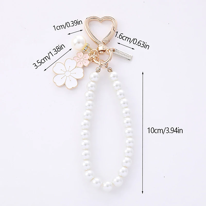 Sweet Pink Cherry Blossoms Key Chain Rabbit Phone Pendant Pearl Letter Car Key Ring Headphone Case Charms Bag Decor Accessories