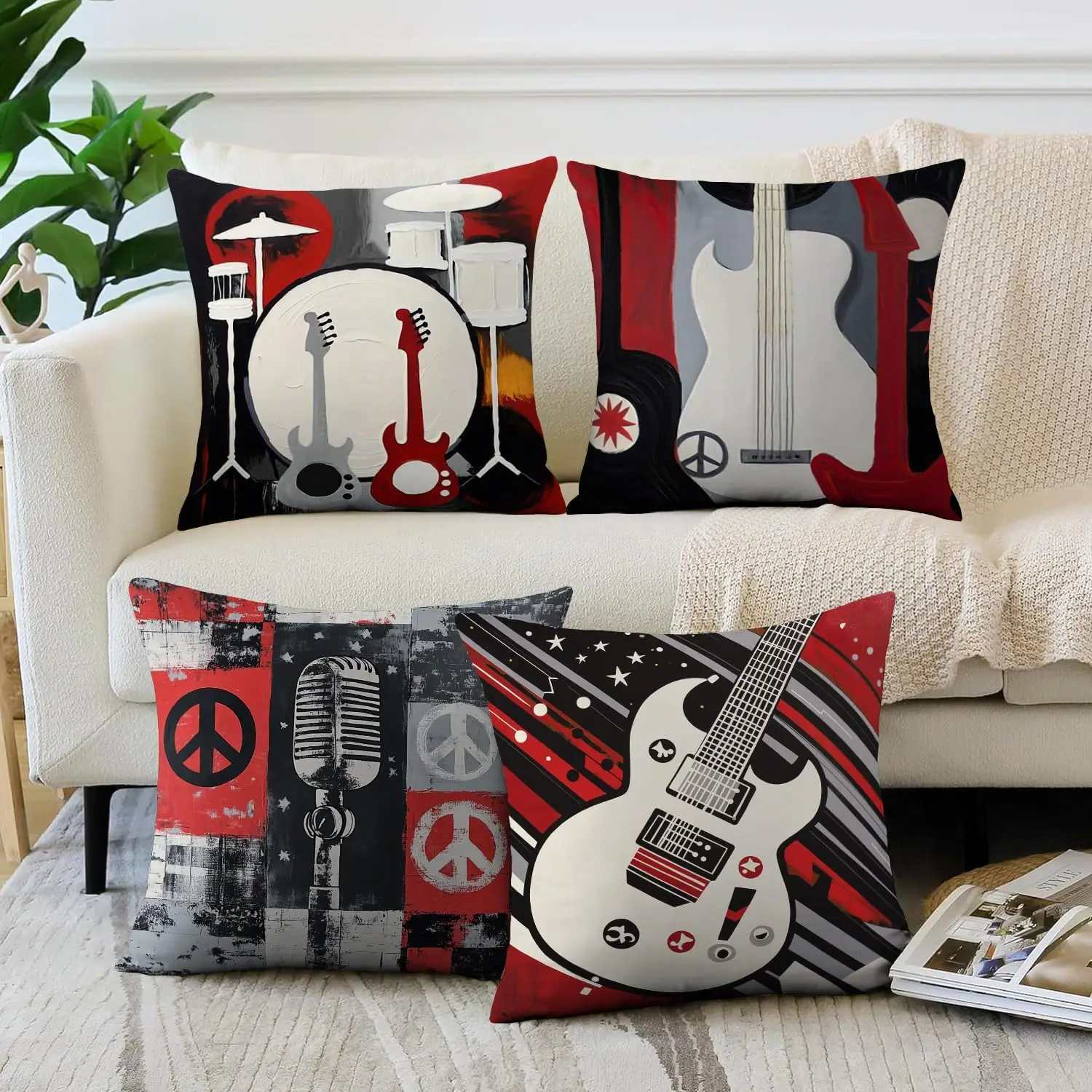 Music Theme Pillow Covers – Guitar & Mic Art 4-Pack Cushion Covers for Living Room, Bedroom, Music Lover Décor