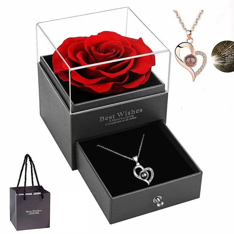 Heart-Shaped Red Rose Necklace with Gift Box - Valentines Day, Anniversary, Birthday, Mothers Day Gift for Women, Mom, Wife Urn