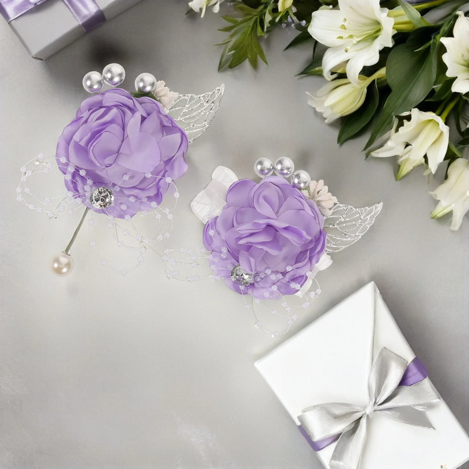 

1 set 1 Set Wedding Corsage Boutonniere Set Elegant Lightweight Artificial Floral Wrist Corsage Boutonniere For Bride Groom