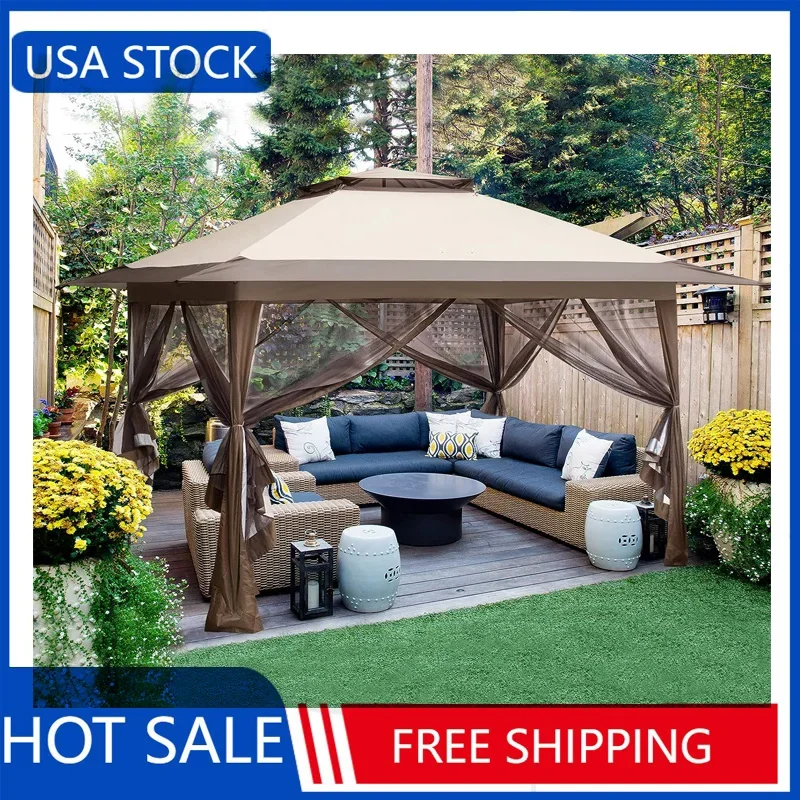 

EAGLE PEAK 13x13 Pop-Up Gazebo Tent Instant w/Mosquito Netting，Outdoor Gazebo Canopy Easy Set-up Folding Shelter (Beige/Brown)