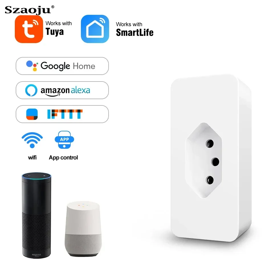 

SZaoju Tuya 16A Brazil WiFi Smart Plug with Power Monitor, Smart Life Remote Smart Socket Outlet Works for Google Home Alexa