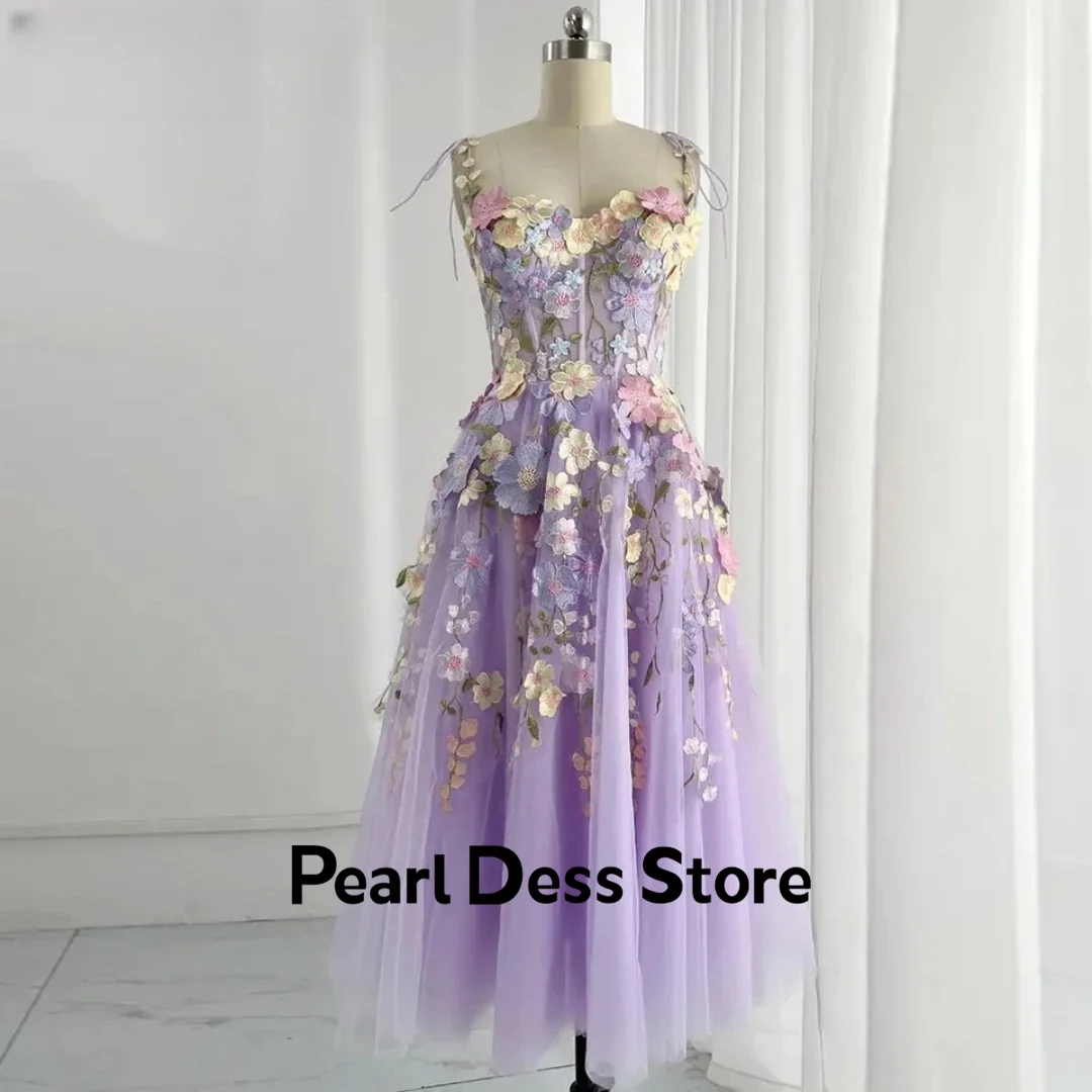 Vestidos De encaje con flores bordadas, Vestidos De Noche transparentes De Color lavanda, longitud media, dulces Vestidos formales para ocasiones De Noche