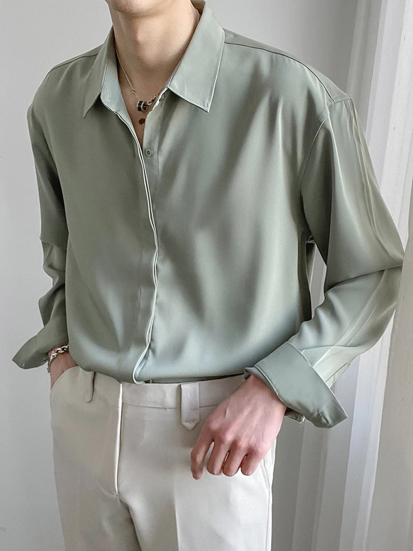 

Silk Smooth Chiffon Casual Shirt Men's Loose Long Sleeve Commute Dark Button Pure Color Business Casual Shirt Youth Popular