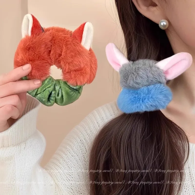 Elastico per capelli in peluche con orecchie di volpe e coniglio_1