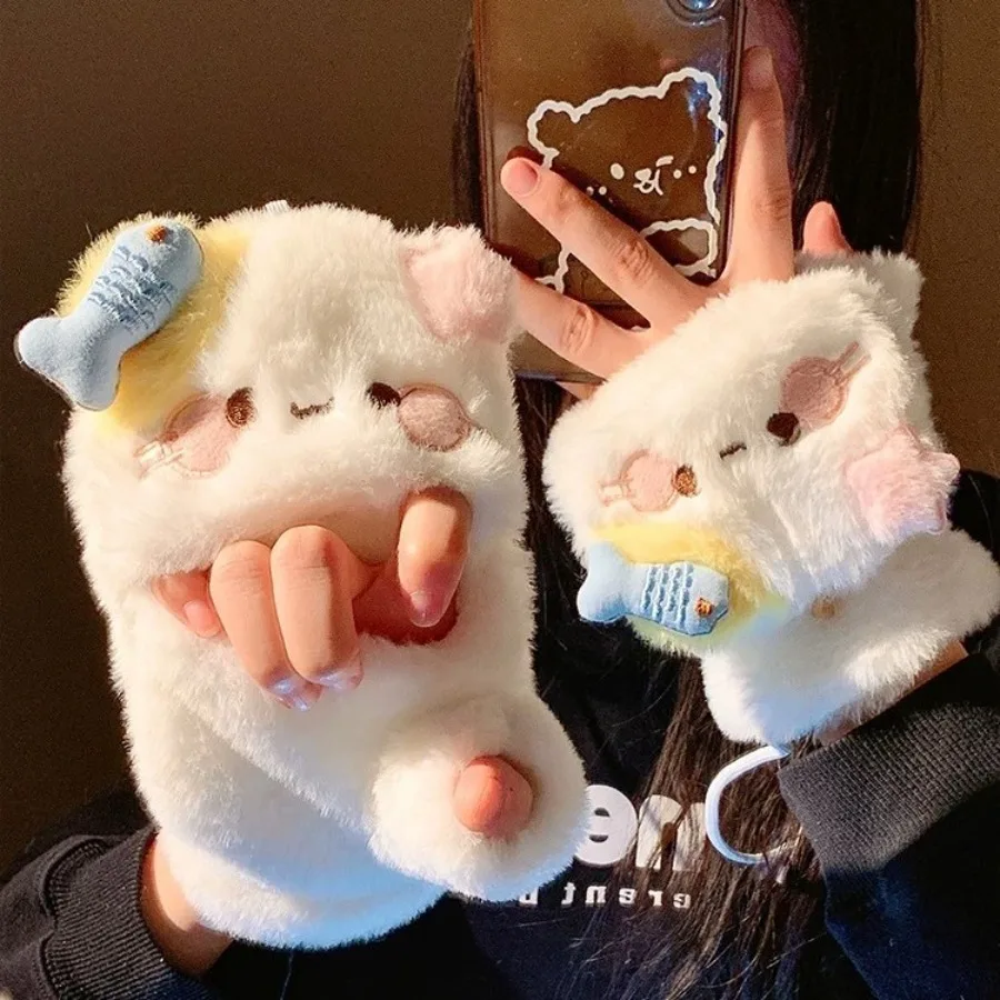 1 piece of women's plush gloves, cute cartoon cat winter flip-top half-finger gloves