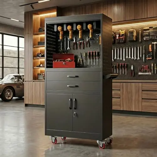Professional Mobile Tool Cart with Locking Wheels, Large Storage & Built-in Outlet - Heavy Duty Rolling Workbench for