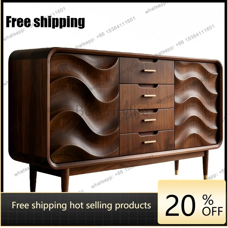 

YJ medieval black walnut solid wood chest wave shape drawer cabinet simple and advanced sense