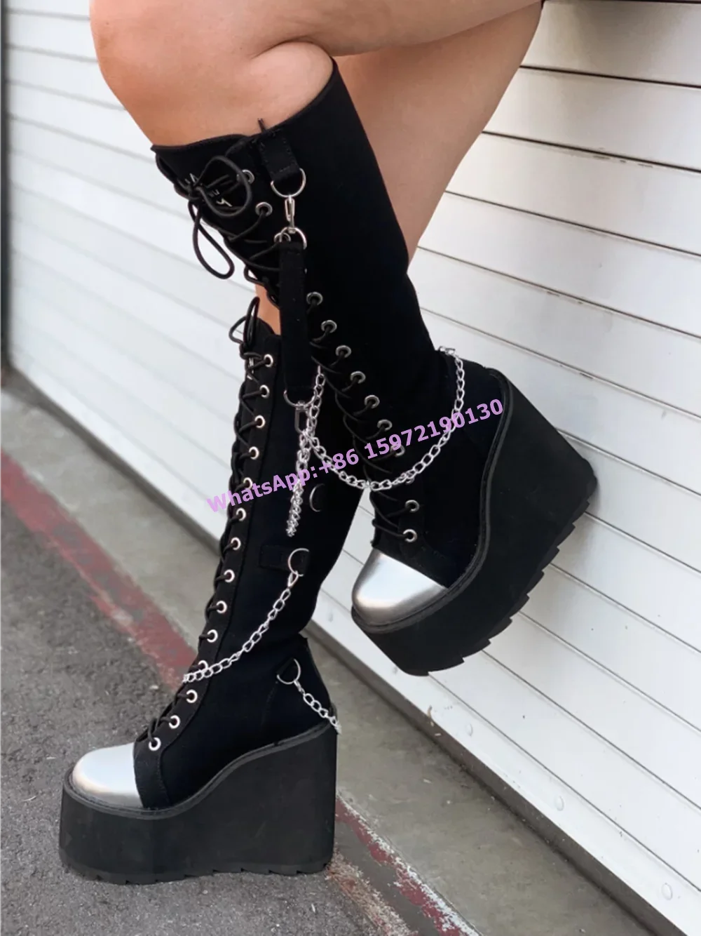 

Metal Chain Lace Up Long Boots Round Toe Platform Wedges Black Solid Winter Knee High Boots Fashion Dark Punk Hotties Shoes 2025