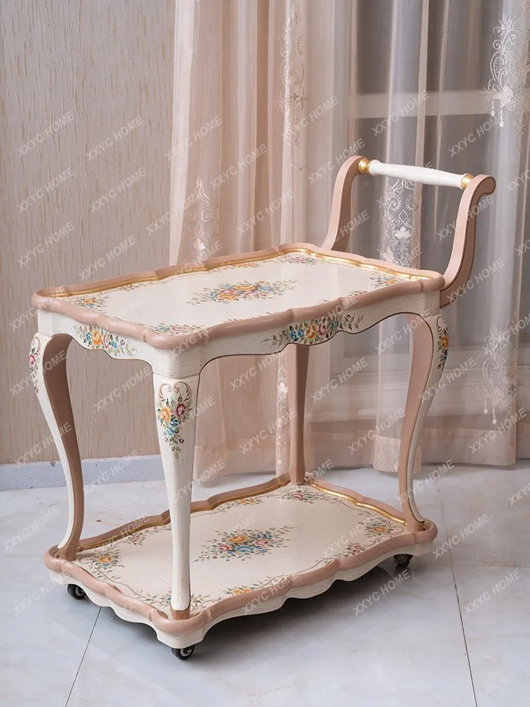 ZH Luxury villa mobile dining cart French solid wood hand-painted flower double-layer trolley
