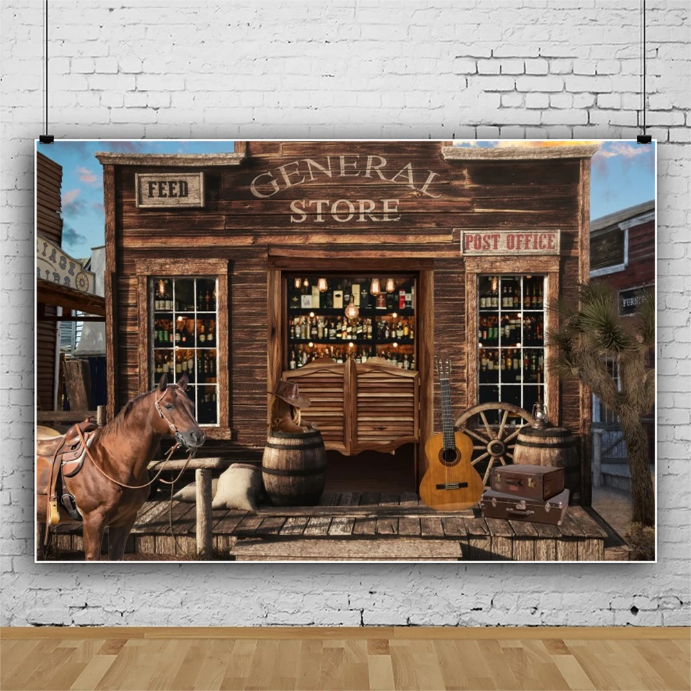 Laeacco Western General Store Photography Backdrop Wild West Town Rustic Post Office Horse Country Cowboy Birthday Background