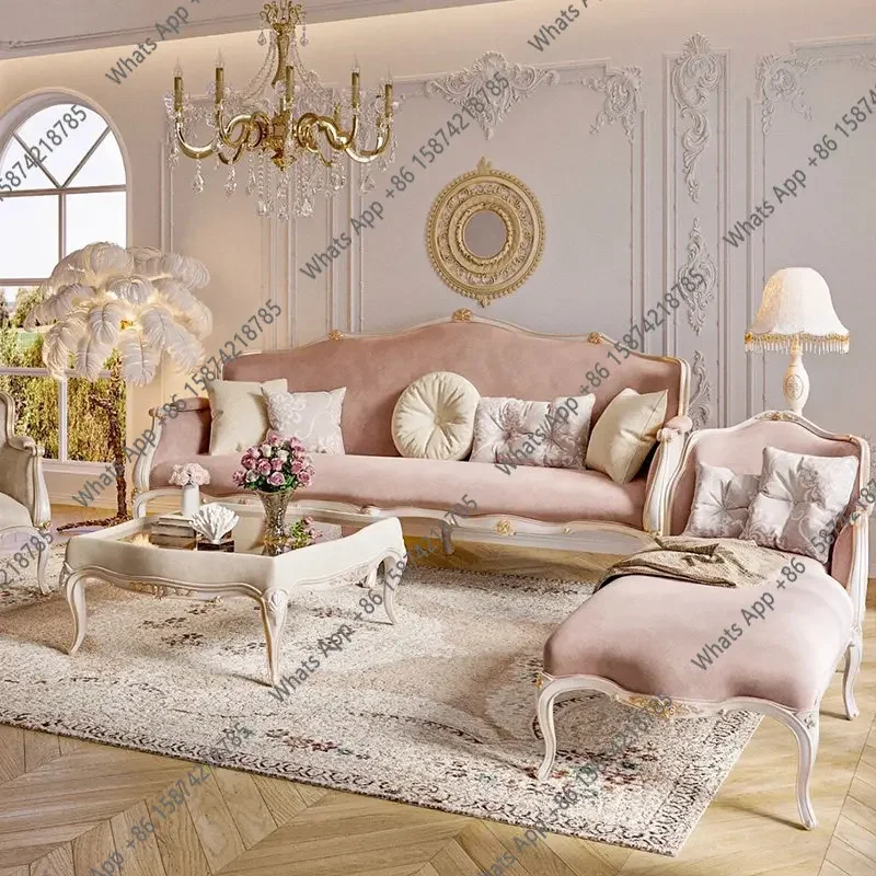 

N49 French Solid Wood Sofa Living Room Court Style Small Apartment Furniture Carved Cream Style Three-person Sofa Princess Combi