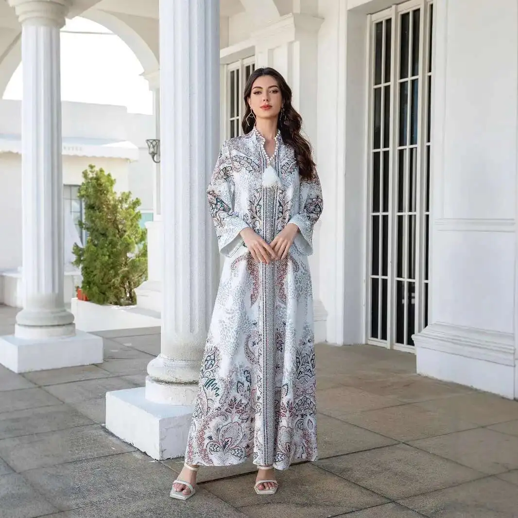 

Sw1104 Muslim Women's Robe Printed Diamond Studded Bead Arab Dress Abayas Robe Abaya Ramadan Dubai Luxury Islam Elegant