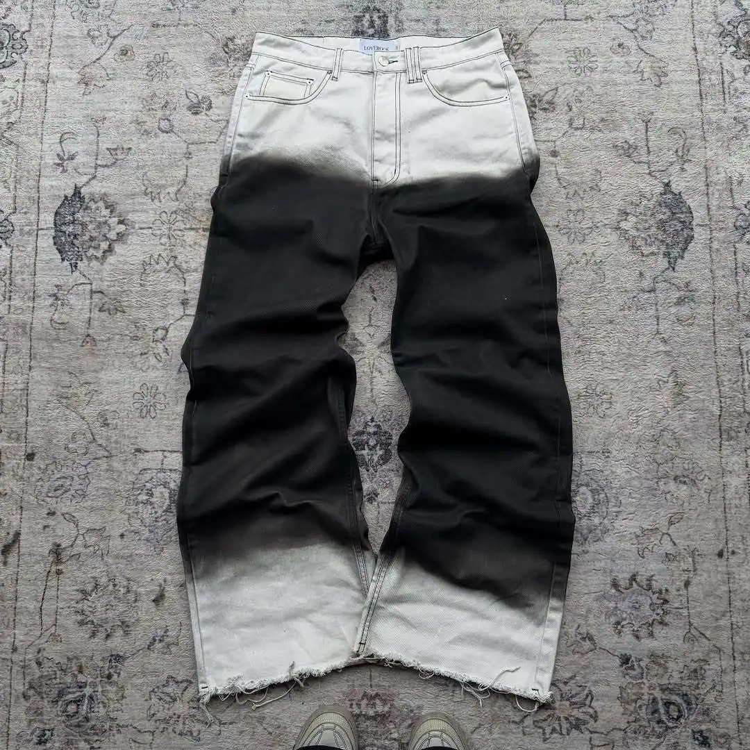 

Men's gradient color spliced wide leg jeans, Y2K high waisted fringed denim pants, 2026 popular street casual pants