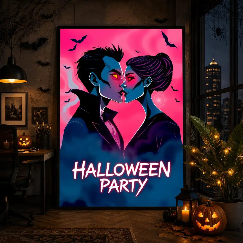 Halloween Party Vampire Couple HD Wall Art Poster Pink Gothic Bats Romantic Spooky Halloween Bedroom Home Decor Gift