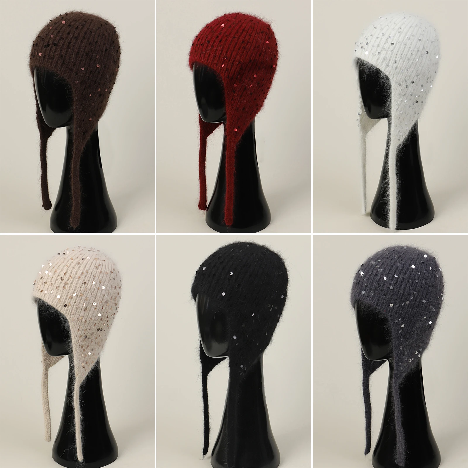 Winter Rabbit Hair Earflap Hat Women Sequined Knitted Hat Warm Skiing Hat With Earflaps White Hat Pilot Russian Hat Accessories