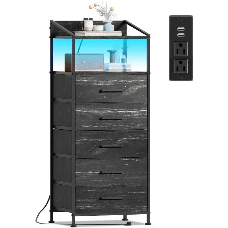 

Nightstand 5 Drawer Dresser with LED Lights and Charging Station, Vertical Side Table with Fabric Drawers