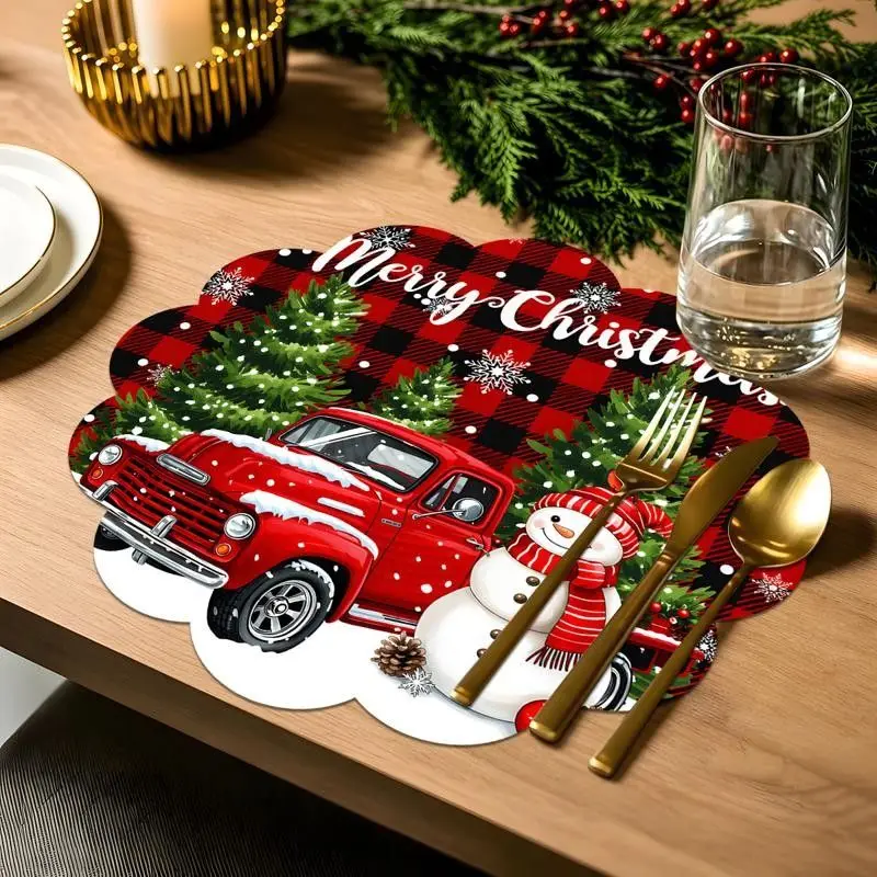 VIKAMA Merry Christmas Round Placemat Red Buffalo Plaid Vintage Truck Tree Snowman Xmas Round Table Mat Snowflake Holiday