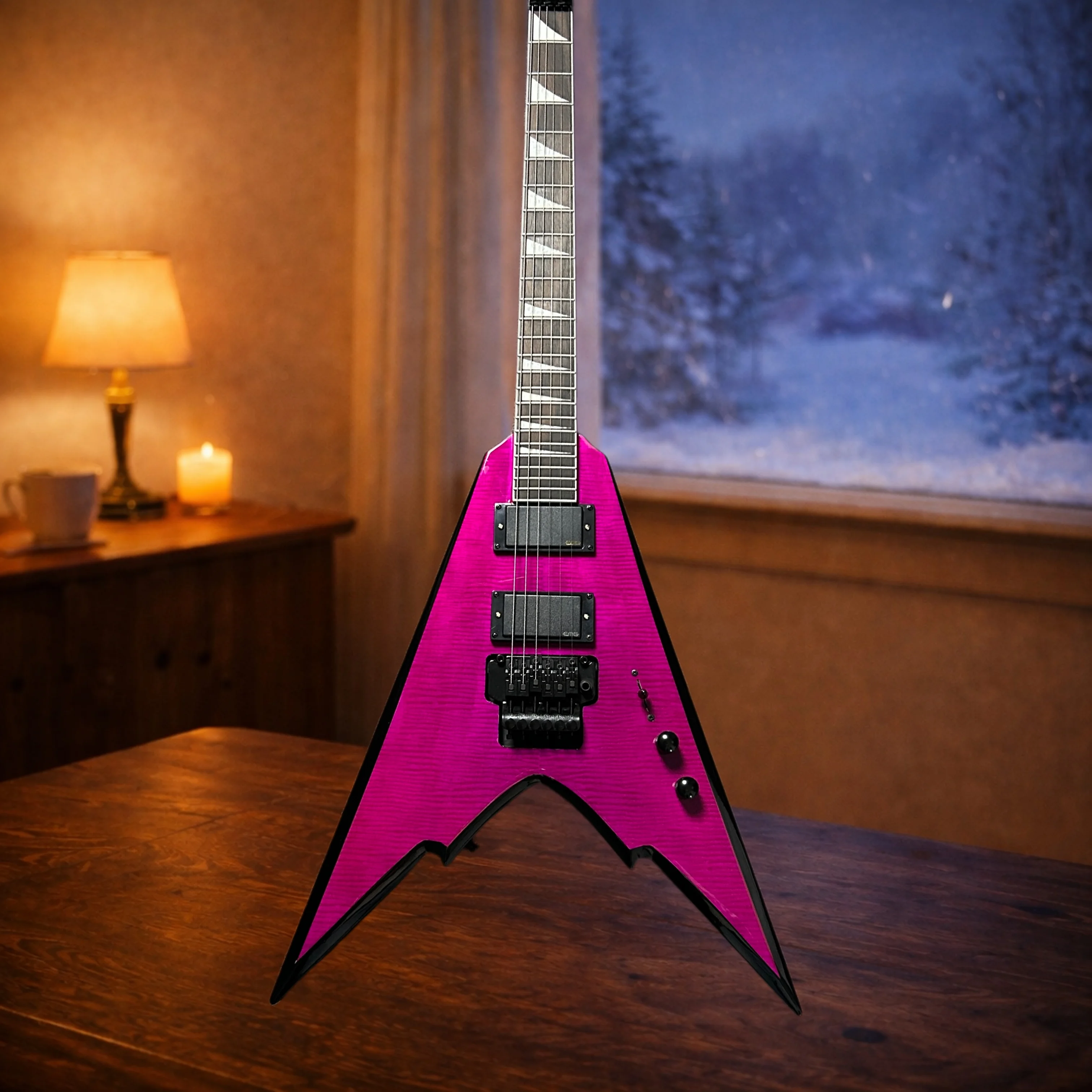 

Новая фиолетовая электрогитара нестандартной формы с HH-звукоснимателями в стиле рок и джаз