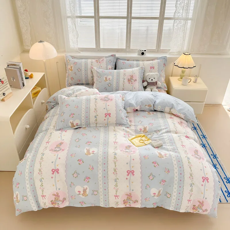100% Cotton Bedding Set 3/4pcs Korean Cute Bunny Floral Printed Duvet Cover Set Ultra Soft Breathable High Density Quilt Covers