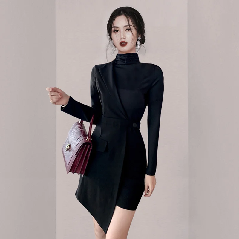 

New Fashion Chic Women Spring Autumn Half High Collar Long Sleeve Irregular Office Casual Party Dresses