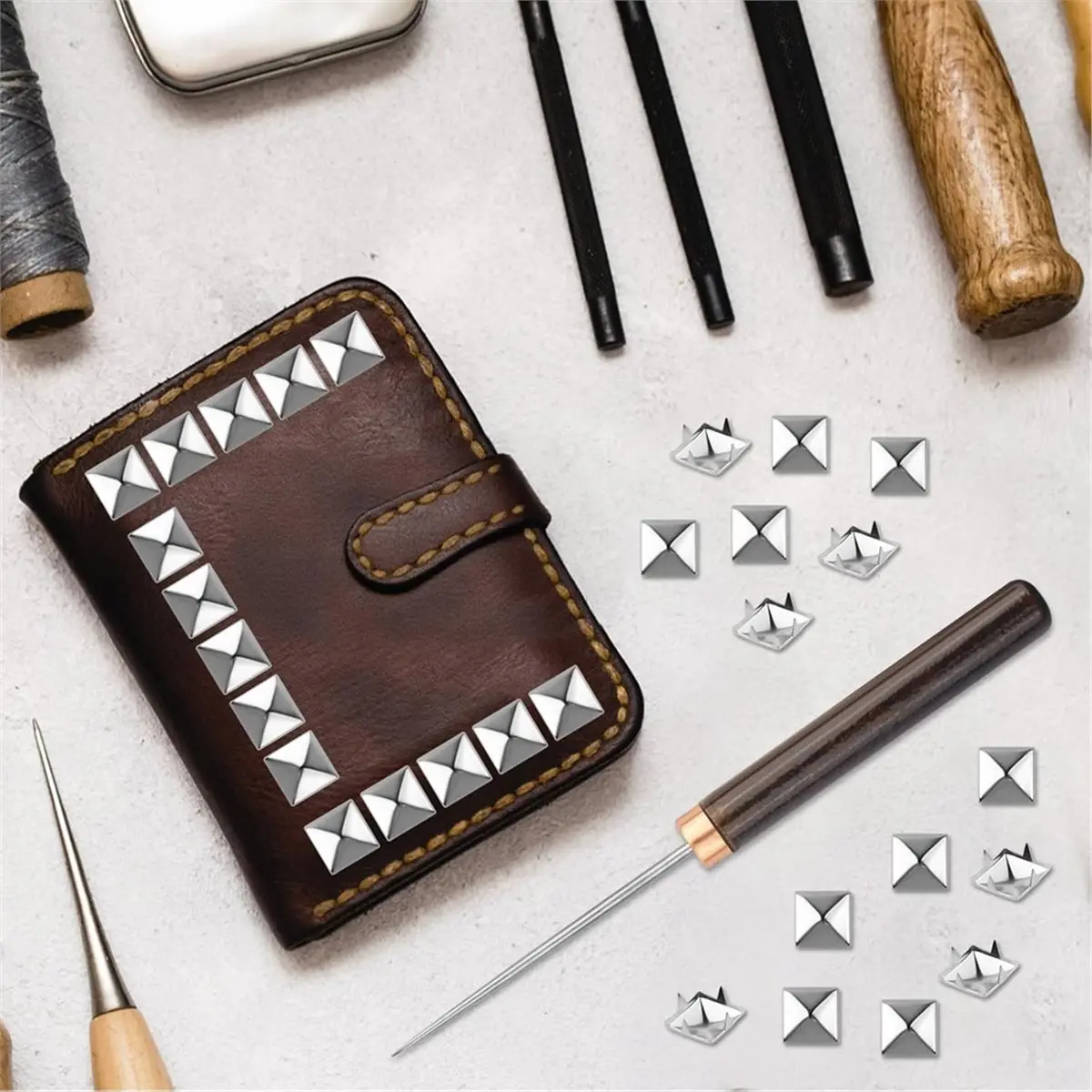 300Pcs Square Pyramid Studs, Silver Prong Spikes and Rivet Kit with Wooden Handle Awl, for Punk Rock Clothing Belts Bags