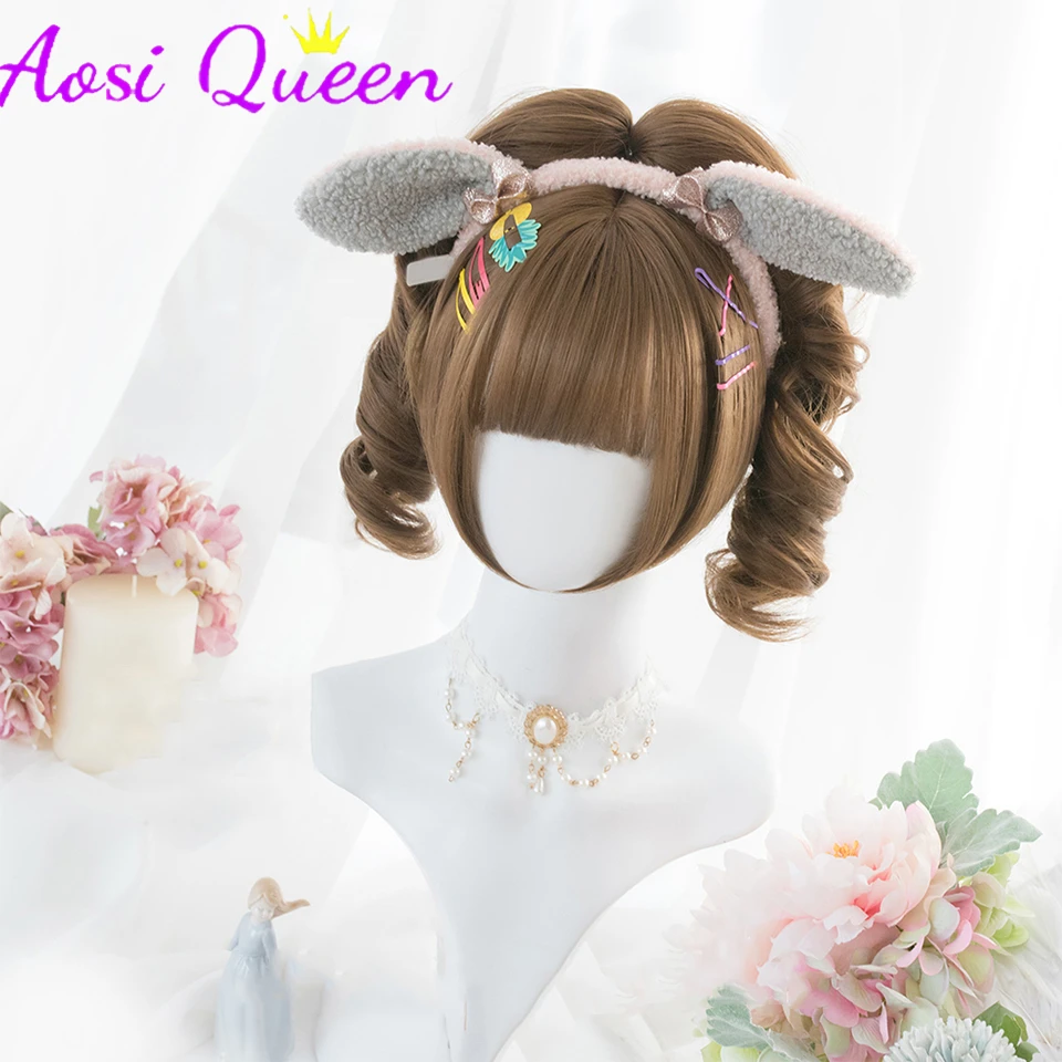 AOSI Beige Golden Elegant Retro Roman Curly Double Ponytail Lolita Tiger Mouth Clip Wig