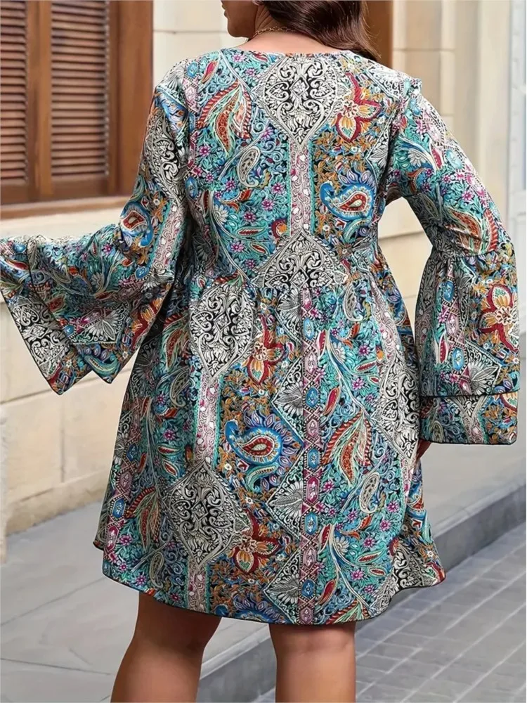 Plus Size Herfst Jurk Vrouwen Bloemenprint Mode Ruche Geplooide Losse Dames Jurken V-hals Hoge Taille Vrouw Mini Jurk