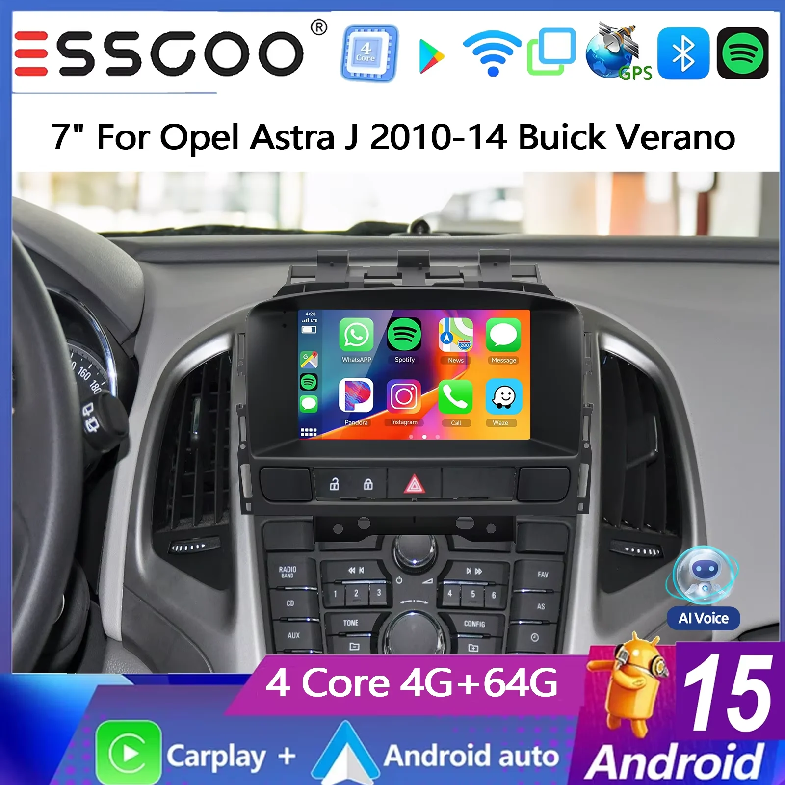 ESSGOO 7 Zoll 4+64G Android 15 Autoradio für Opel Astra J 2010-2014 Buick Verano Kabelloses Carplay Android Auto GPS-Navigation KI-Sprachsteuerung Bluetooth FM SWC Wifi RDS ASP IPS Touchscreen Mirror