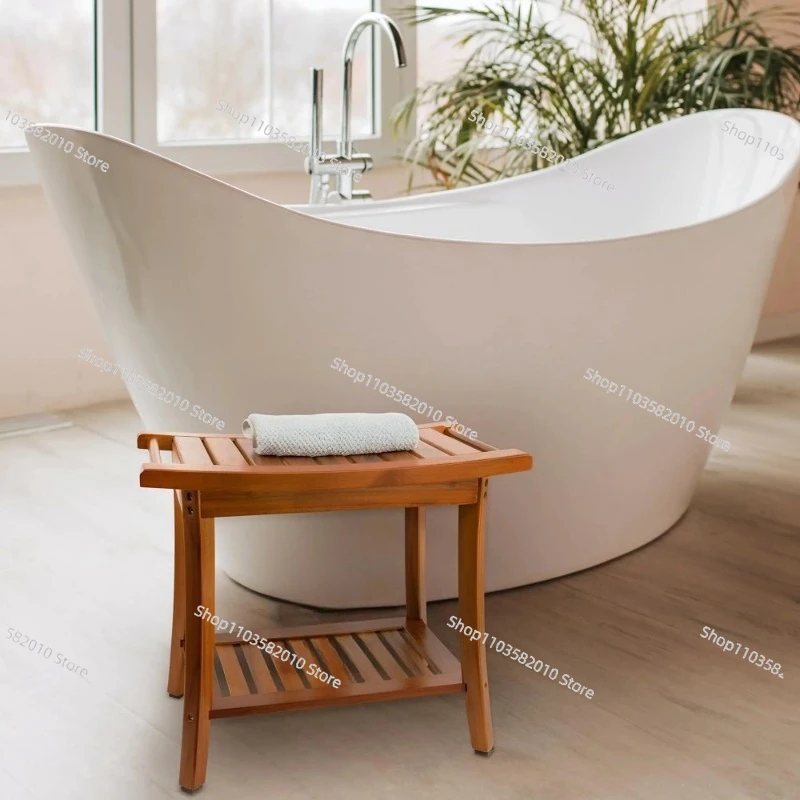 Teak Shower Bench with Handles, Space Saving 2 Tier Wooden Shower Stool, Waterproof Bathroom Seat for Shaving and Spa