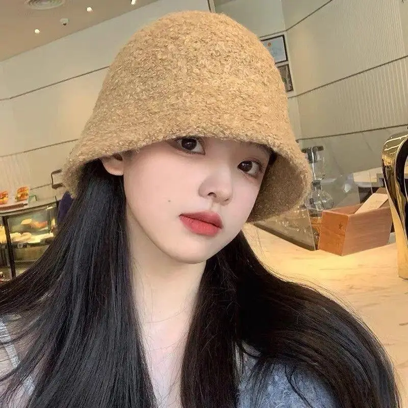 

2026 New Hat Winter Women's Fashion Solid Color Lamb Fur Hat Bucket Cap Fisherman's Hat Knitted Wool Basin Bucket Hat Panama Hat
