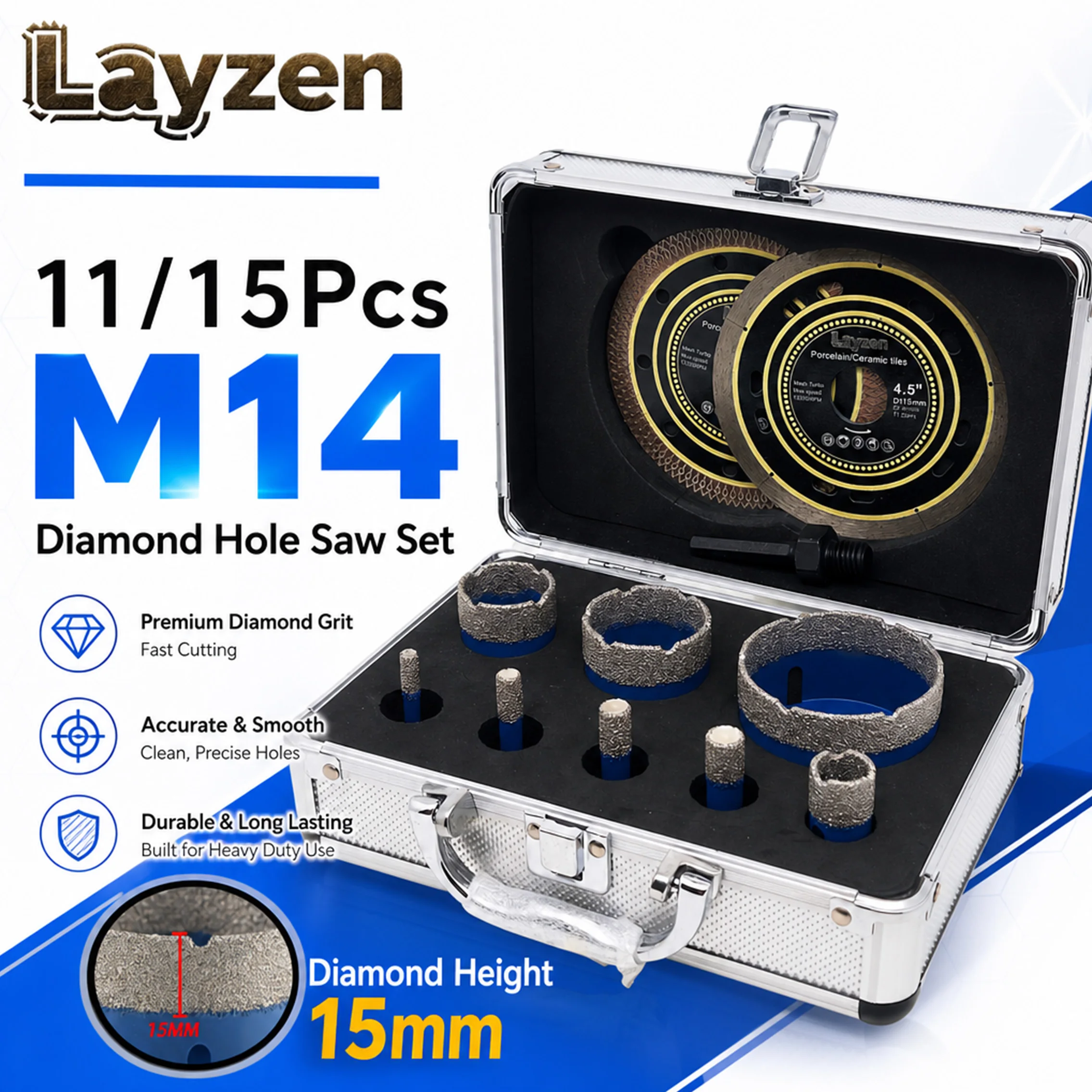 11/15Pcs M14 Thread 15mm Tall Diamond Dry Drill Bits Hole Saw Set for Porcelain Ceramic Tile Granite Marble Opener Tools Kit