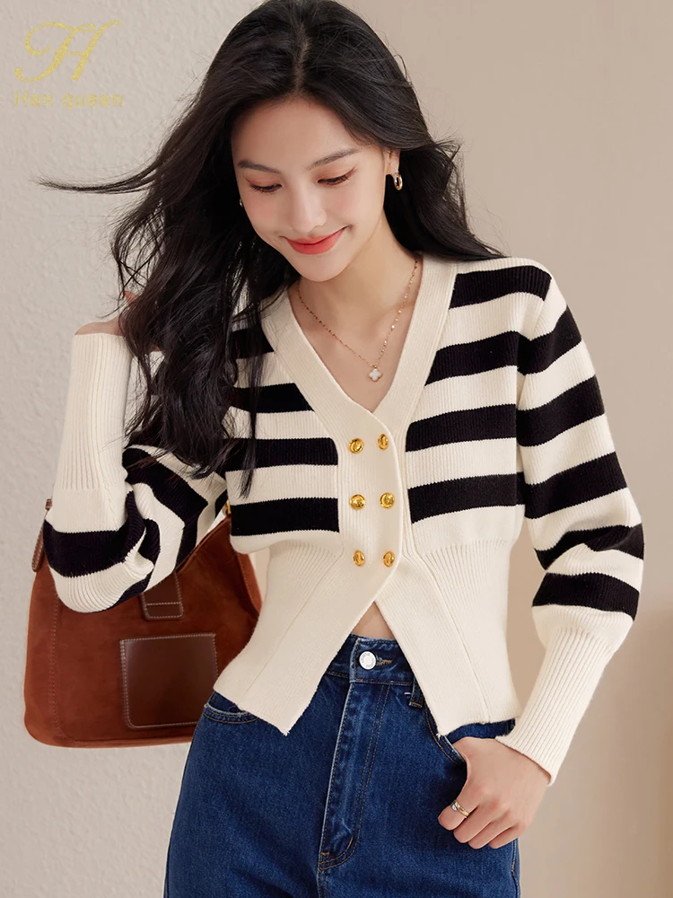 H Han Queen 2024 Autumn Color Blocking Stripes Knitted Cardigan Sweater Women\'s Tops Basic Double Breasted Long Sleeve Cardigans