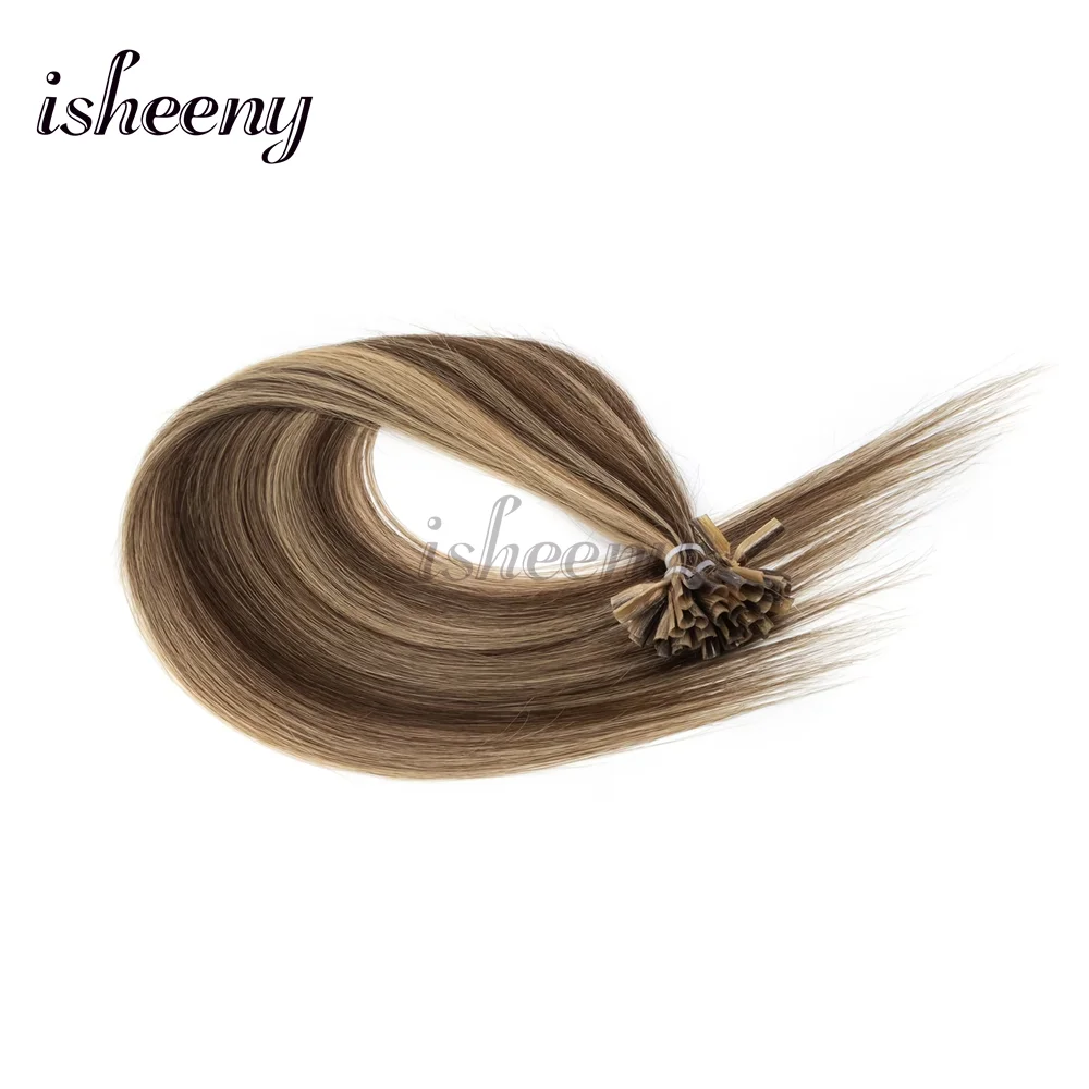 

isheeny Keratin Fusion U Tip Human Hair Extensions Suitable for Hair Types & Scalp - Pre-Bonded Straight Hair Pieces with Platinum Blonde Multiple Color Tones, Instant Volume for Daily Use 50Strands/30G