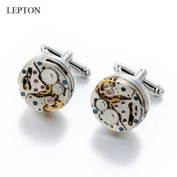 Newest Immovable Watch Movement Cufflinks For Mens Lepton Steampunk Gear Watch Mechanism Cufflink Men Wedding Cuff links