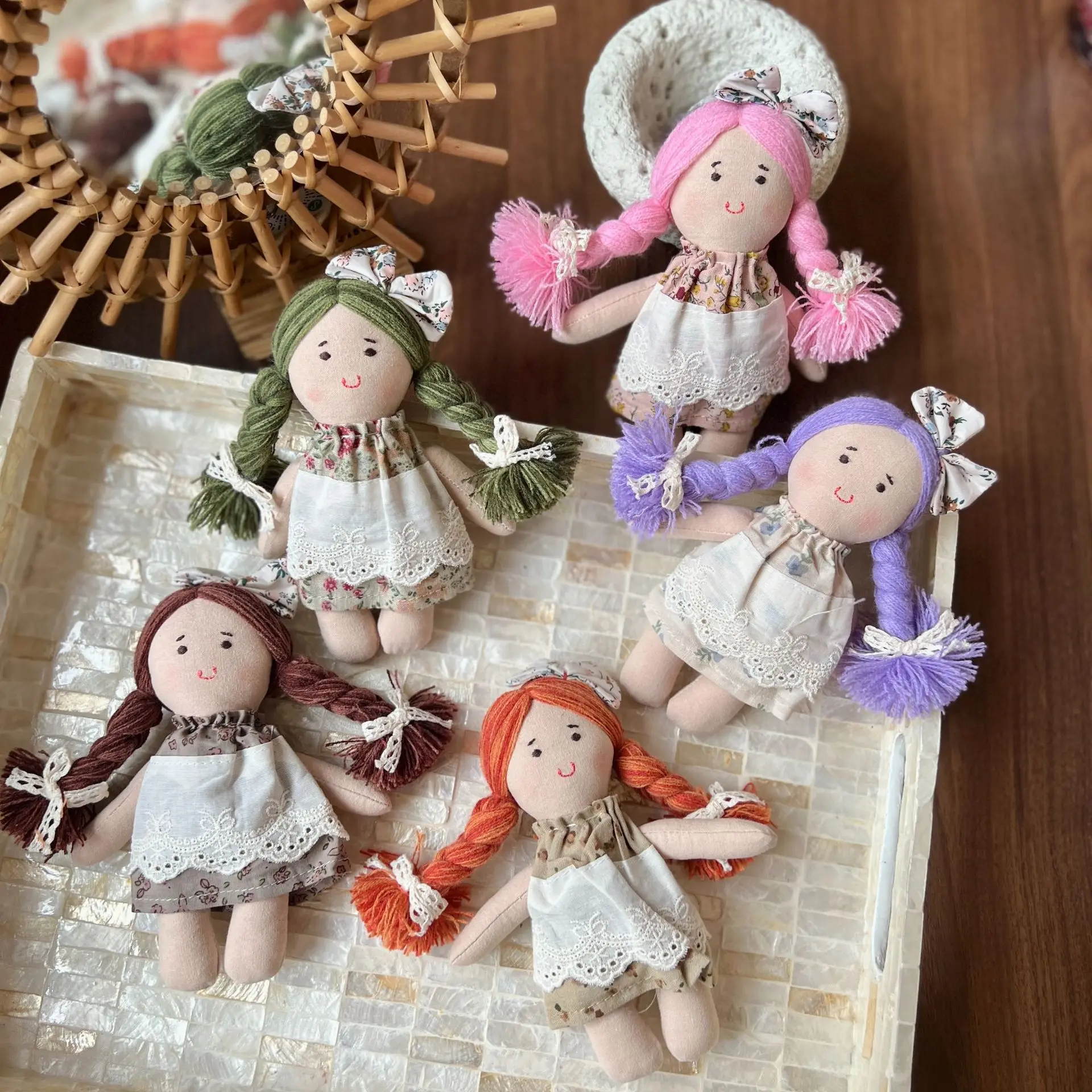 

Korean Fabric Brooch Floral Dress Doll Cotton Filled Braid Doll Charm for Linen Garment DIY Sewing Embellishment