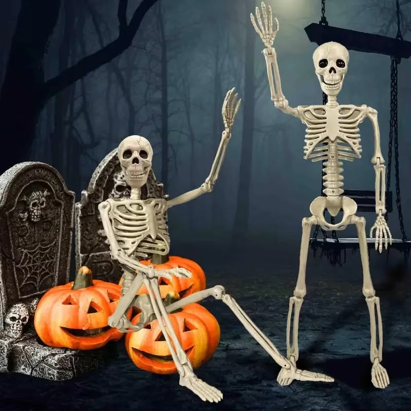 90Cm simulated skull frame props, Halloween haunted house secret room horror decoration, movable human skeleton scene ornament