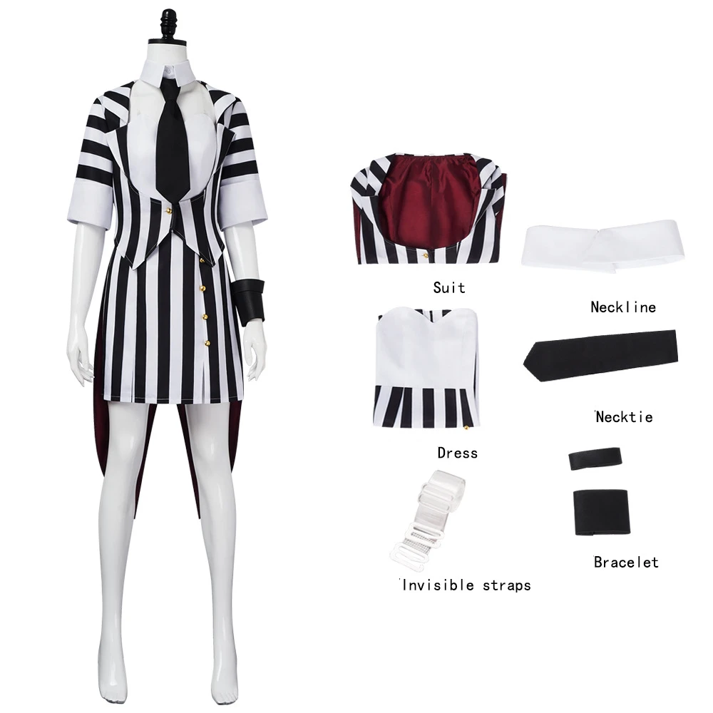 

TV Movie Cosplay Striped Dress Halloween Costume Man Women Beetle Juice 2pcs Costume Suits for Woman