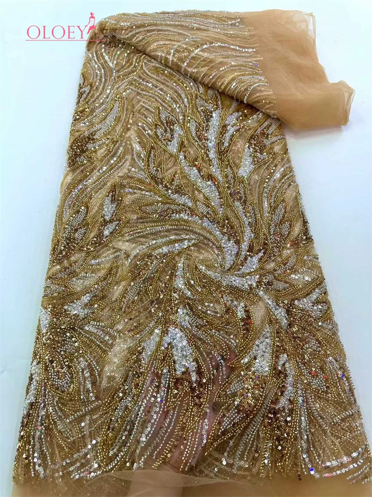 

OLOEY Luxury African Beaded Lace Bridal Fabric 2026 High Quality French Nigerian Sequins Tulle Material Ladies Wedding