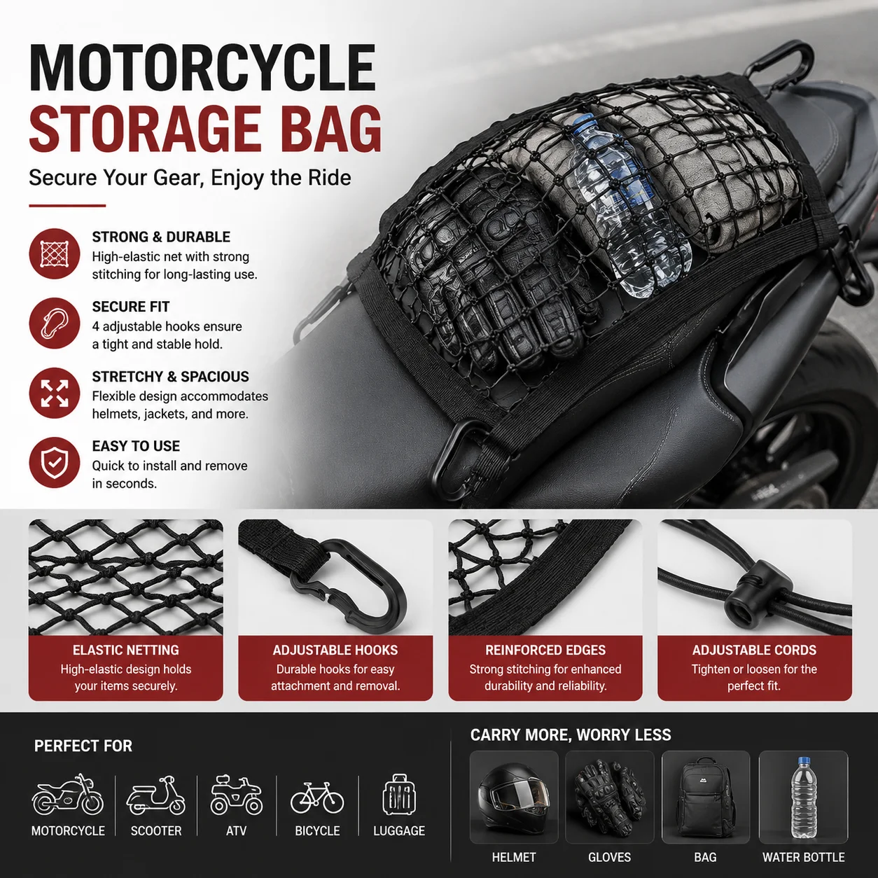 Motorcycle Cargo Net High Strength Elastic Mesh Cargo Net Luggage Net Motorcycle Elastic Mesh Bag With 4pcs Adjustable Hooks