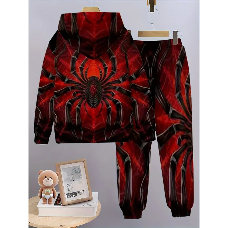 Sudadera con capucha y pantalones de chándal con estampado digital 3D de sol, león y araña, conjunto informal de 2 piezas de manga larga simple y moderno