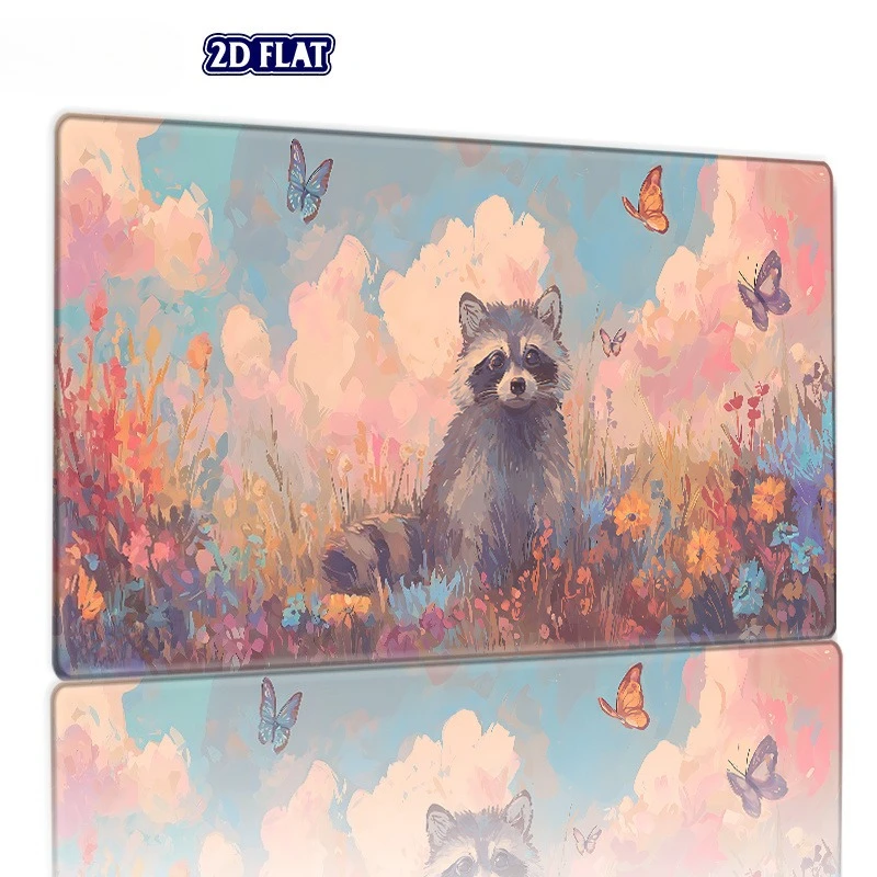 Combat Mat - An aesthetic raccoon-themed game mat featuring butterflies and flowers, compatible with TCG/CCG card games