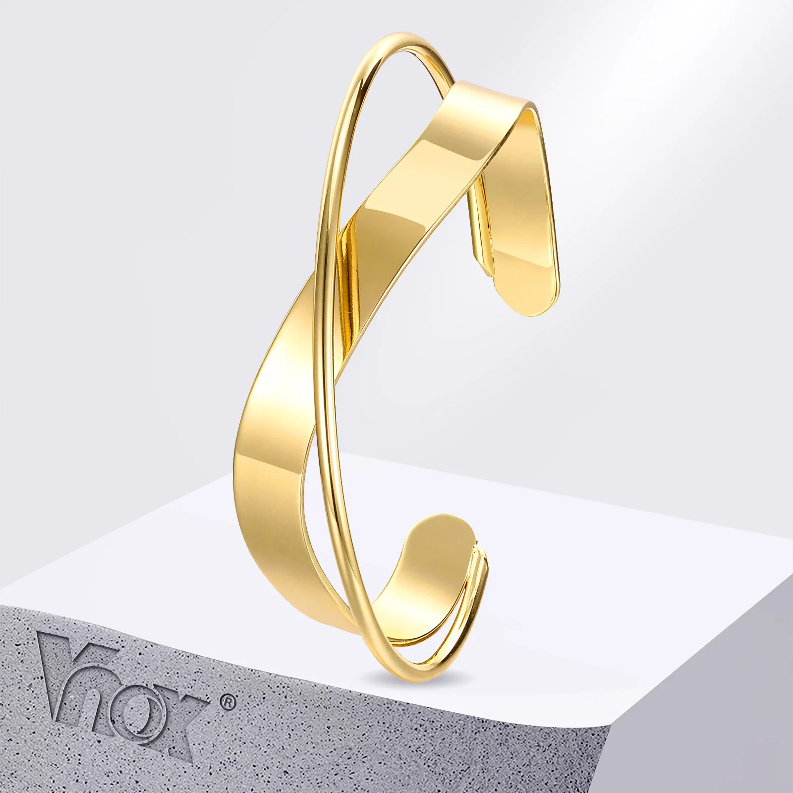 

Vnox Dainty Elegant Cuff Bracelets for Women, Chunky Gold Plated Metal Open Bangle Bracelets, Polished Wide Wrist Cuff Bracelet