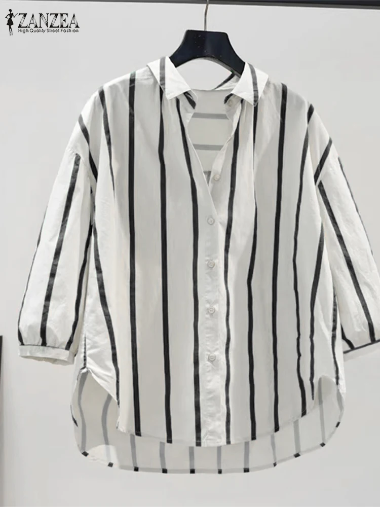 ZANZEA-Camisa de manga 3/4 con cuello de solapa para Mujer, blusa a rayas con botones, informal, holgada, para el trabajo, para otoño