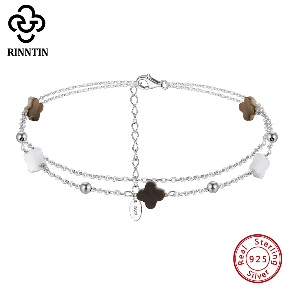 Rinntin Genuine 925 Sterling Silver Double Layer Clover Chain Anklet Lucky Clover Charm Anklets Bracelet Female Jewelry GMA02