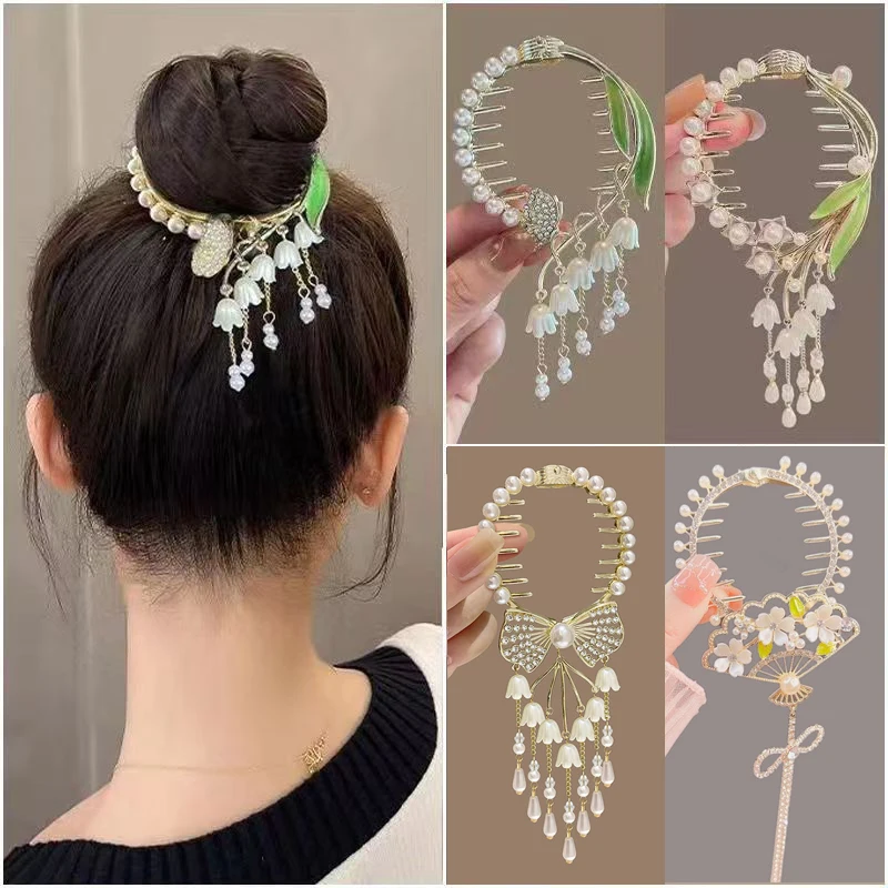 Elegant Lily Of The Valley Flower Pearl Rhinestone Tassel Ponytail Buckle Hair Bun Clips Hair Pins Women Girls Hair Accessories