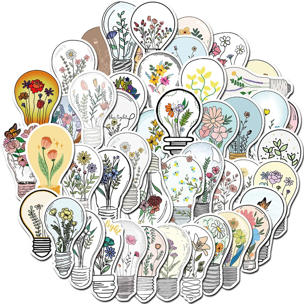 10/30/50pcs Light Bulb Art Flowers Stickers Creative Cartoon Decals DIY Luggage Laptop Stationery Vintage Graffiti Sticker Pack